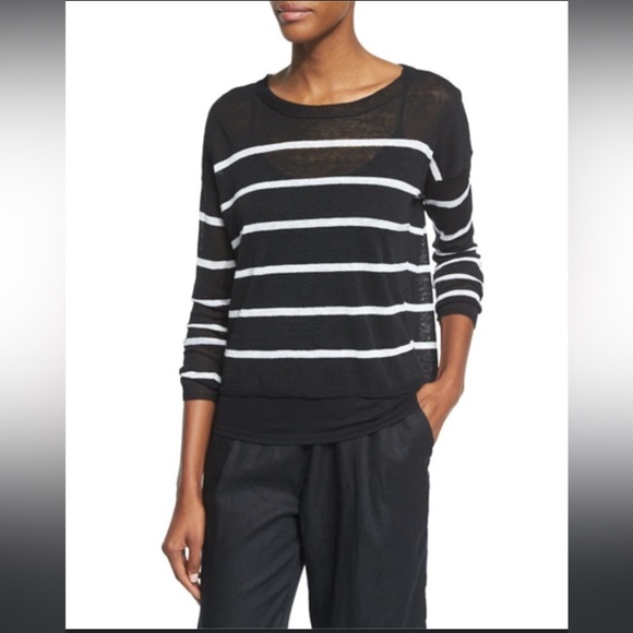 Eileen Fisher Fine Organic Linen Crepe Stripe Sheer Crop Top sz XS - Picture 1 of 14